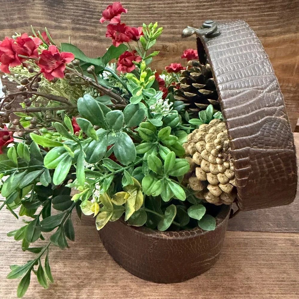 Floral Arrangement in Faux Crocodile Oval Box Red Floral Pinecones Decor Vintage